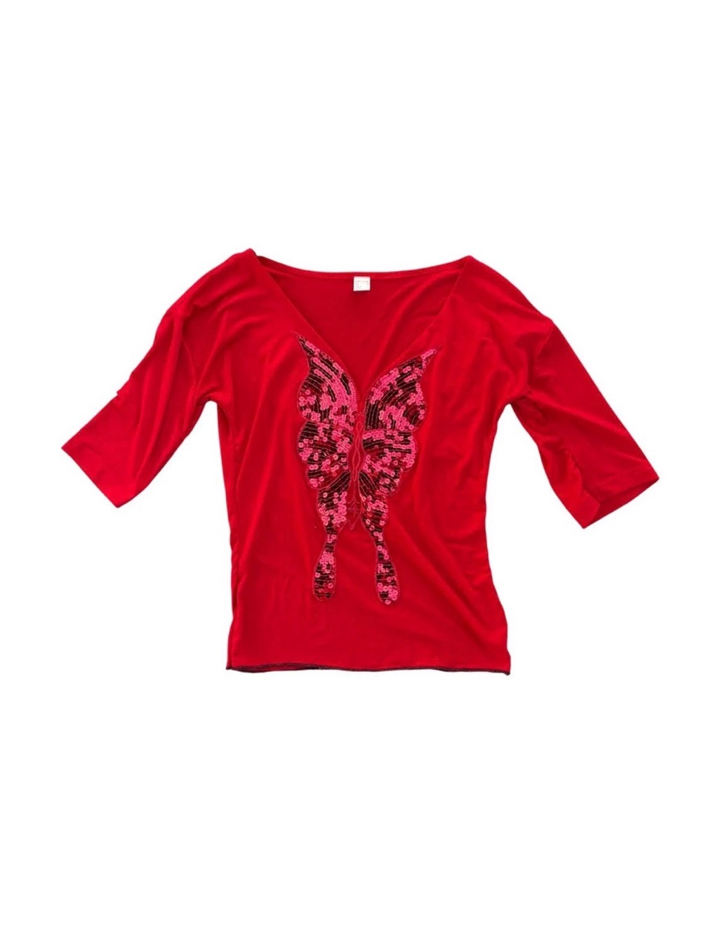 Y2K Butterfly Sequin V-Neck Top Red Euro